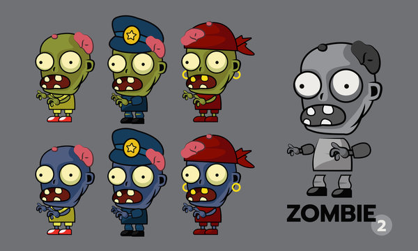 Zombie character cartoon style sprites set, runner, police and  pirate concept. Asset for create animation and shooter, action and adventure video game. Vector illustration