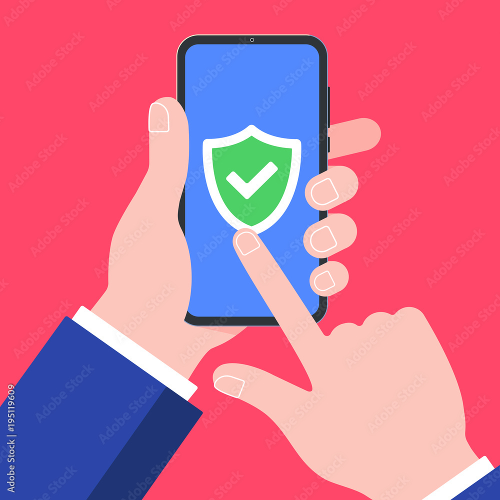 Poster hand holding black mobile phone with check mark tick ok in the shield isolated on red background. sm