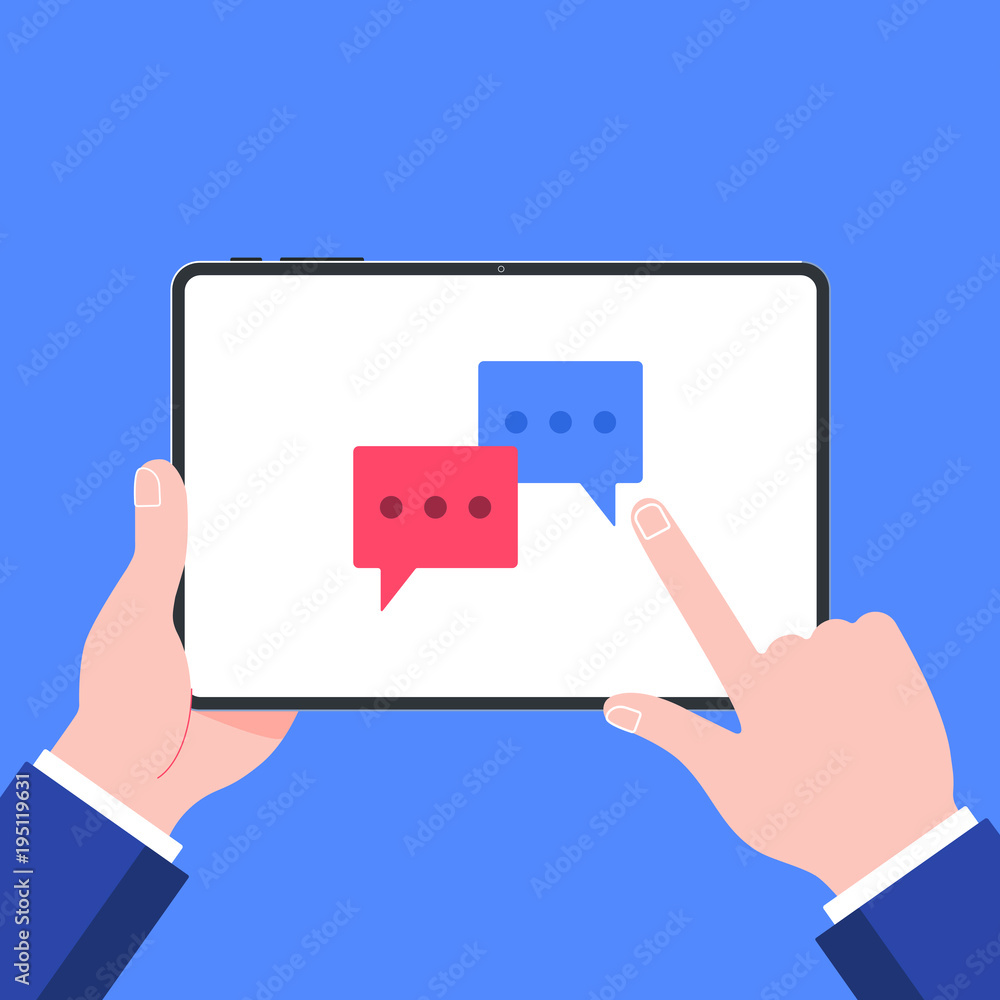 Poster hand holding black tablet device isolated on blue background. pad tablet on human hands with chat bu