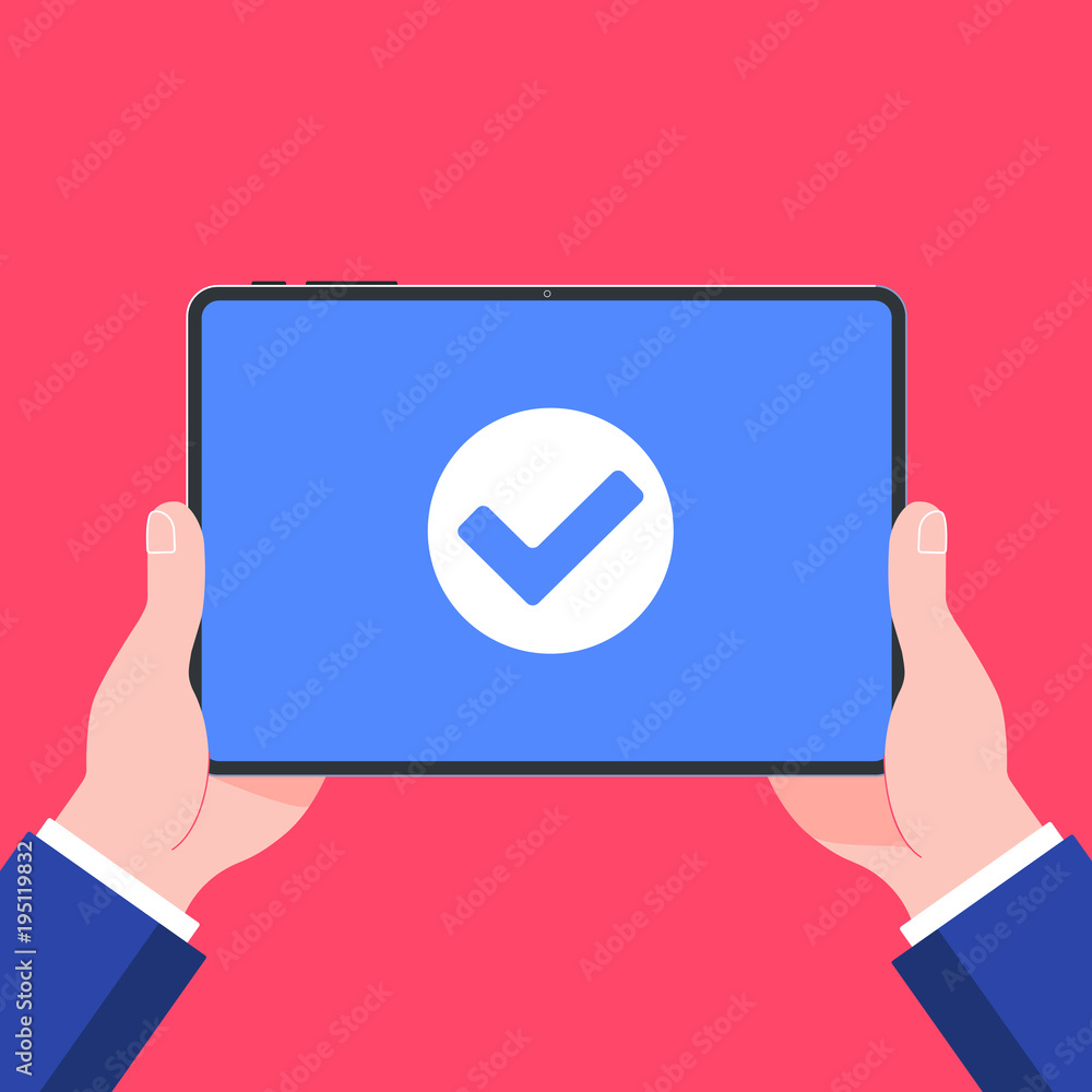 Poster hand holding black tablet computer pc device isolated on red background. pad computer on human's han