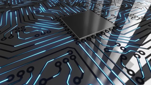 Seamless looping 3d animated German text &ldquo;Fehler&rdquo; landing on a computer circuit board and triggering a red shockwave in 4K resolution