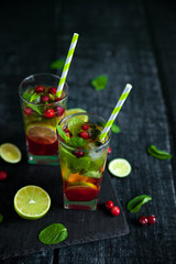 Mojito cocktail with cranberry, lime and mint