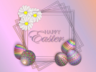 Easter banner background temlate with spring flowers, eggs and trendy 3d frame. 3d vector illustration.