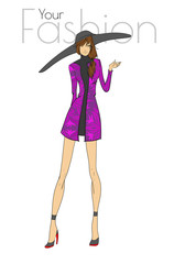 Fashion model posing. Beautiful young woman in short coat and hat. Fashion woman. Hand drawn girl in  a coat and hat. Sketch. Vector illustration