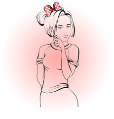 You own fragrance. Cute girl with a perfume bottle in her hand. Fashion illustration.