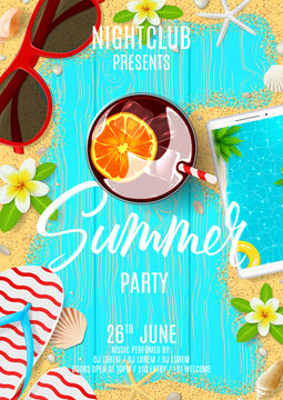 Summer party flyer invitation. Top view on summer decoration with fresh cocktail, flip flops and red sun glasses on wooden texture. Vector illustration. Invite to nightclub.