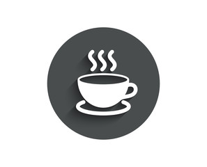 Coffee drink simple icon. Hot cup sign. Fresh beverage symbol. Circle flat button with shadow. Vector