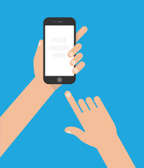 Men's hands are holding a phone. Template with blank screen area for your design. Vector flat illustration