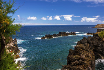 Ocean view, Madeira island. Rock sea side, Portugal