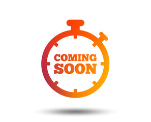 Coming soon sign icon. Promotion announcement symbol. Blurred gradient design element. Vivid graphic flat icon. Vector