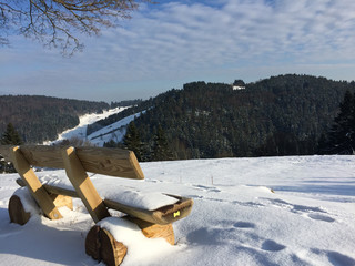 Holzbank im Schnee