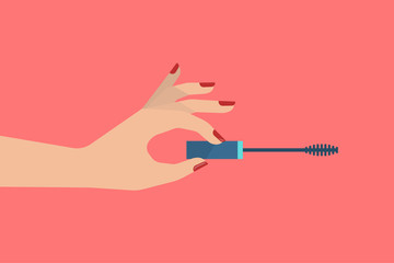 Elegant women's hand is holding a brush of mascara. Beauty and cosmetic concept. Flat vector illustration