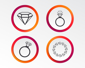 Rings icons. Jewelry with shine diamond signs. Wedding or engagement symbols. Infographic design buttons. Circle templates. Vector