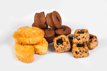 Traditional French biscuits and cookies on white background