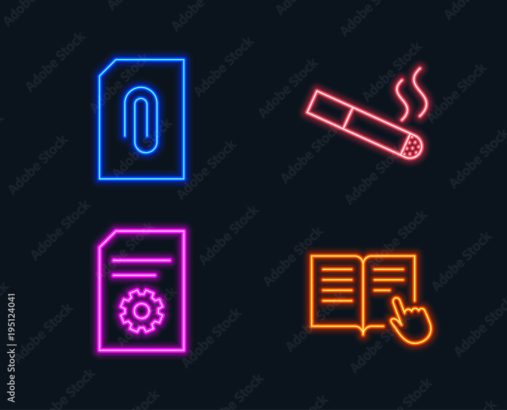 Poster neon lights. set of attachment, smoking and file settings icons. read instruction sign. attach docum