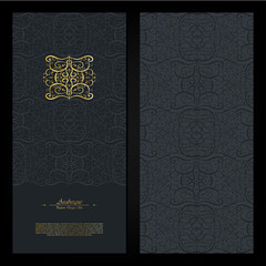 Arabesque abstract eastern element dark gold background card template vector