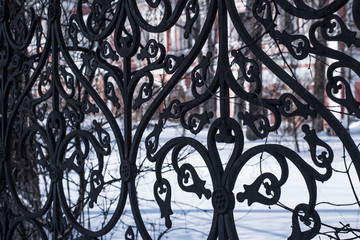 Fototapeta na wymiar Beautiful old metal cast fence close-up