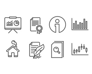 Set of Presentation, Feather signature and Certificate icons. Bar diagram, Search files and Candlestick graph signs. Board with charts, Feedback, Diploma. Vector