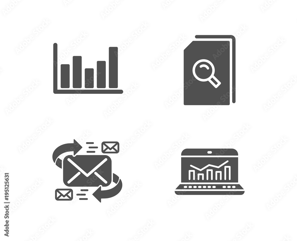 Poster set of e-mail, search files and column chart icons. web analytics sign. communication by letters, ma