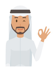 An arab man wearing ethnic costumes is playing an okay sign