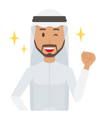 An arab man wearing ethnic costumes is winking and raised one hand