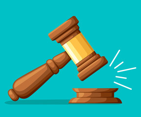 Judge wood hammer. Gavel in cartoon style. Ceremonial mallet for auction, judgment. Vector illustration isolated on turquoise background. Web site page and mobile app design