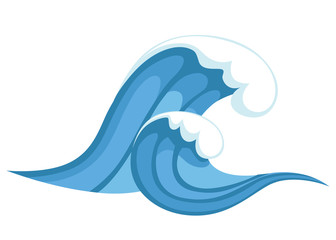 Tsunami wave. Big blue sea wave in cartoon style. Cataclysm color icon. Vector illustration isolated on white background. Web site page and mobile app design