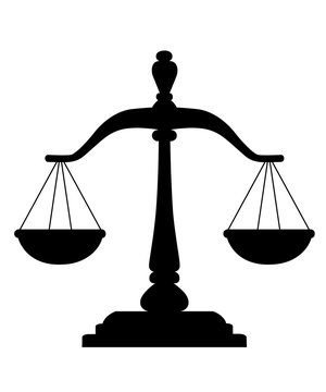 Black silhouette of Scales of Justice. Wooden scales balance sign. Vector illustration isolated on white background. Web site page and mobile app design
