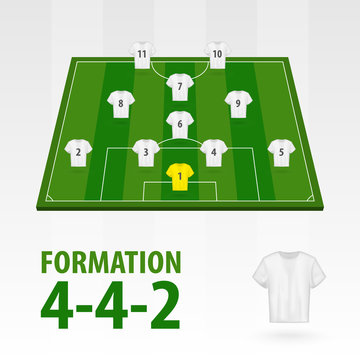 Football players lineups, formation diamond 4-4-2 . Soccer half stadium.