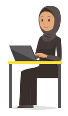 An arab woman wearing ethnic costumes is operating a laptop computer