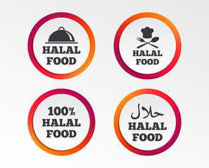 Halal food icons. 100% natural meal symbols. Chef hat with spoon and fork sign. Natural muslims food. Infographic design buttons. Circle templates. Vector
