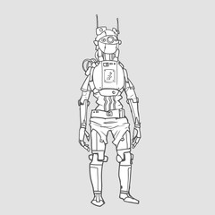 Fototapeta na wymiar Humanoid robot, android with artificial intelligence. Contour vector illustration, isolated