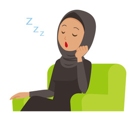 An arab woman wearing ethnic costumes is sleeping on a sofa