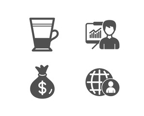 Set of Double latte, Money bag and Presentation icons. International recruitment sign. Tea cup, Usd currency, Education board. World business.  Quality design elements. Classic style. Vector