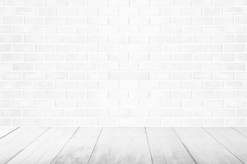 empty interior vintage room with white brick wall and white wood floor background