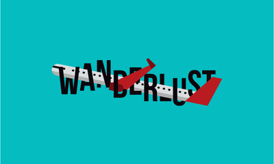 'Wanderlust' letters wrapped around aeroplane. aeroplane vector illustration. flight concept. Wanderlust typography concept. flat icon