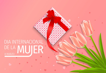 Women day background. 8 march women's day greeting card. Happy Womens Day.  Card for 8 March women's day. Abstract background womens day with spanish qoute 