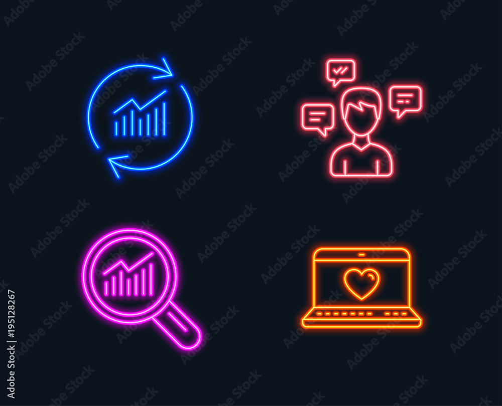 Poster neon lights. set of conversation messages, data analysis and update data icons. web love sign. commu