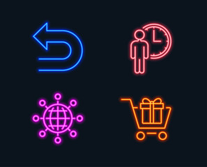 Neon lights. Set of Undo, Waiting and International globe icons. Shopping cart sign. Left turn, Service time, World networking. Gift box.  Glowing graphic designs. Vector