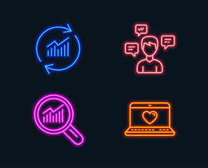Neon lights. Set of Conversation messages, Data analysis and Update data icons. Web love sign. Communication, Magnifying glass, Sales statistics. Social network.  Glowing graphic designs. Vector