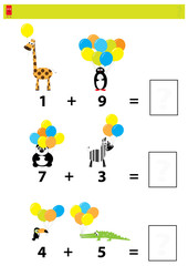 Naklejka premium Math educational counting game for children / an addition color worksheet with balloons and animals 