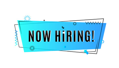 Now hiring concept. Emergency job vacancy advertisement geometric blue banner