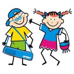 Happy kids with bags, funny illustration, vector icon, couple