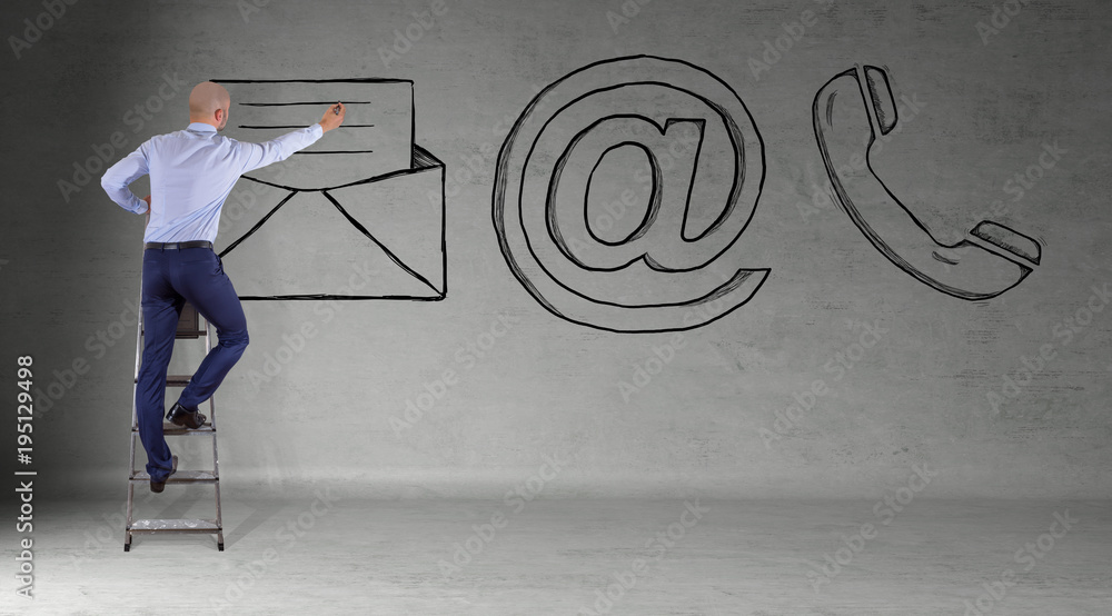 Poster businessman drawing e-mail sketch on a wall 3d rendering