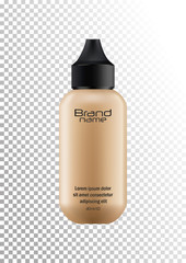 Vector realistic bottle with brand name for cosmetic products,cream, foundation.Transparent plastic bottle with a black lid.Isolated object on a transparent background.