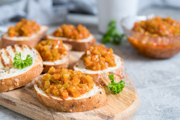 Toasted bread with vegetable caviar, made of squash, pumpkin, tomato, carrot