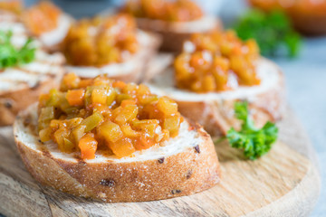Toasted bread with vegetable caviar, made of squash, pumpkin, tomato, carrot