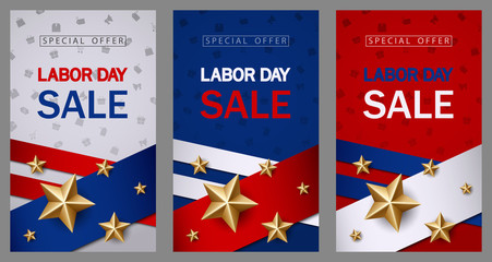 Obraz na płótnie Canvas Labor day sale banner template with American flag and golden star design 