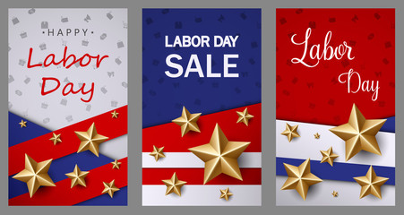 Labor day sale banner template with American flag and golden star design 
