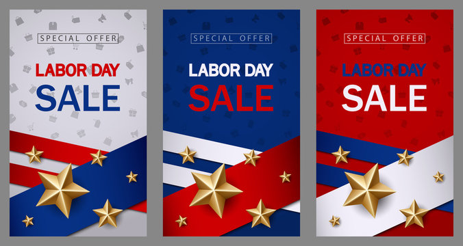 Labor day sale banner template with American flag and golden star design 